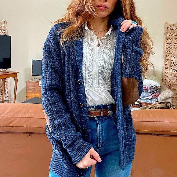 Free People Sweaters - Free people marled suede sweater coat cardigan chunky navy leather cozy fall